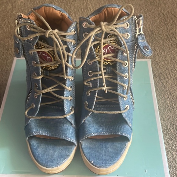 Lucky Top Shoes - Lucky Top Denim Lace Up Wedges Size 36